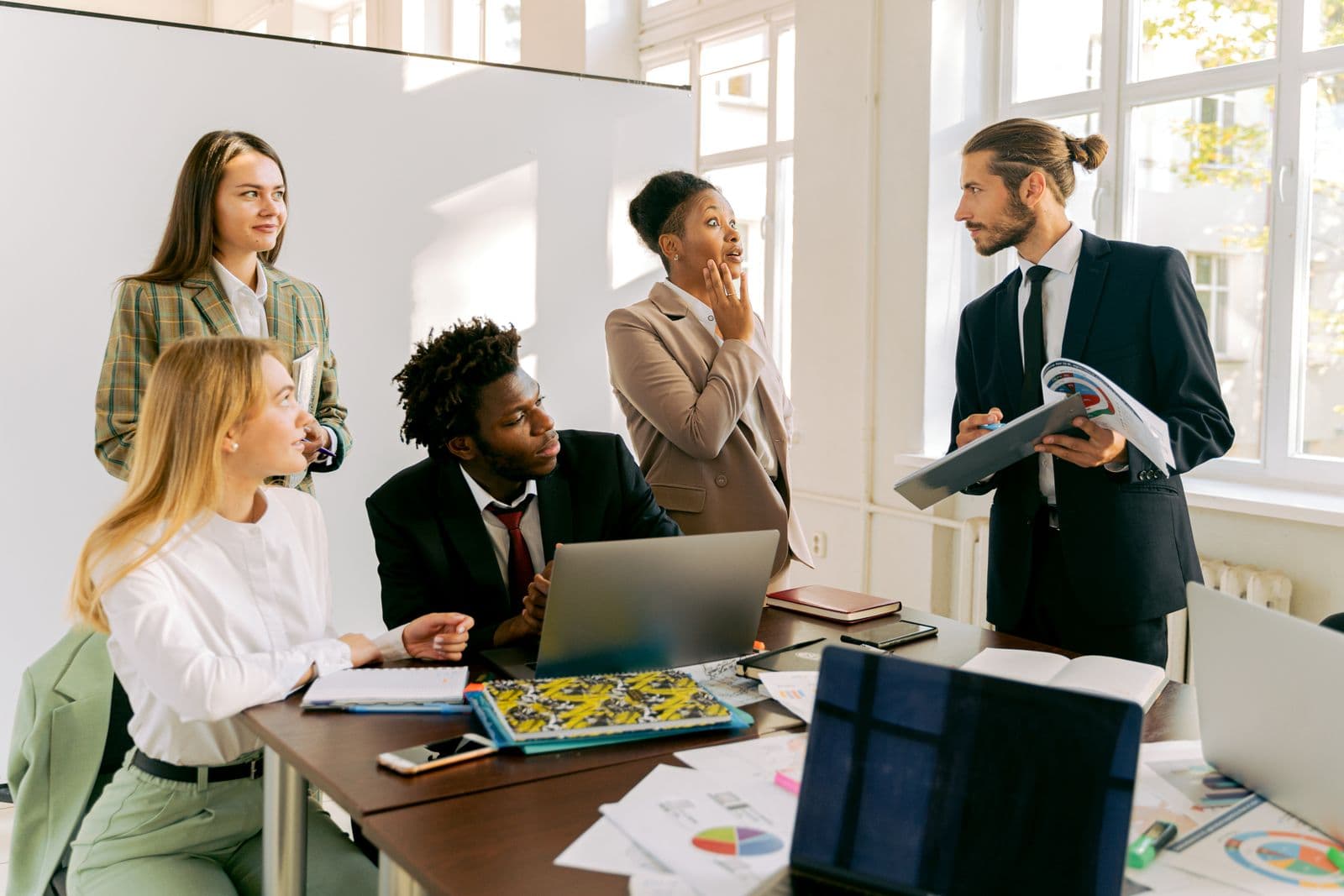 A professional team collaborating in a modern office