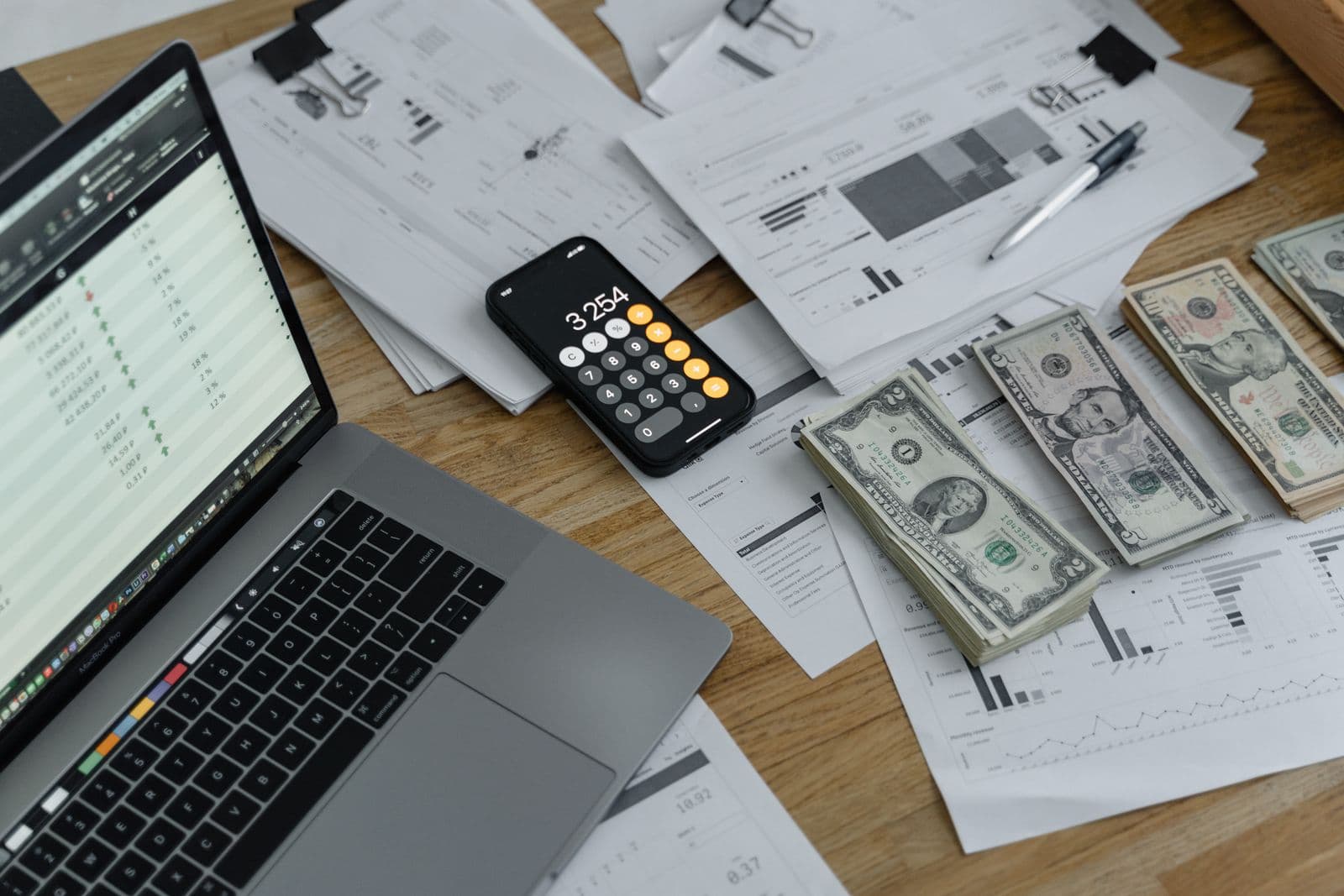 Financial report documents on a desk